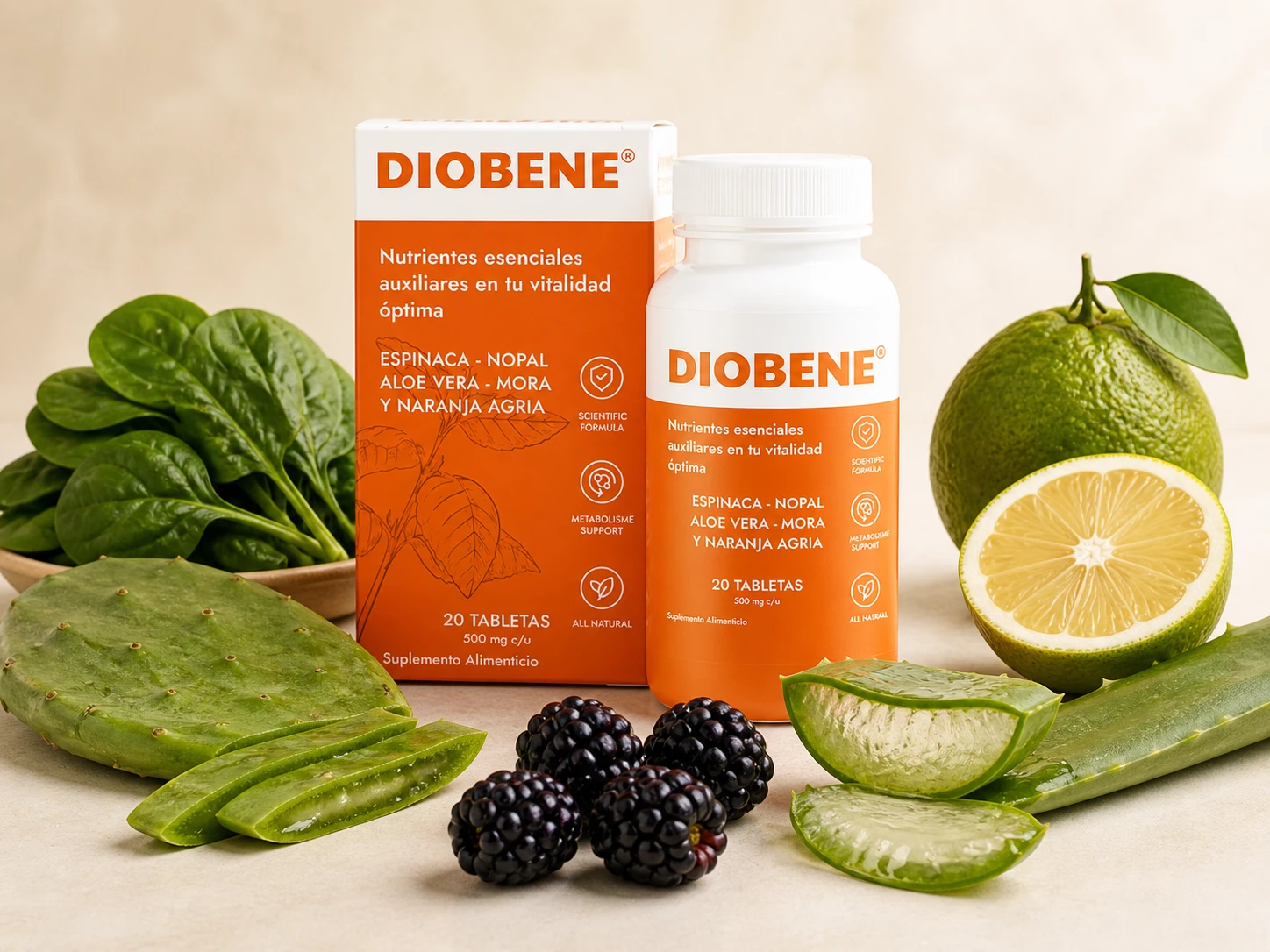 Frasco y caja de DIOBENE Guatemala con ingredientes como espinaca, nopal, aloe vera, mora y naranja agria