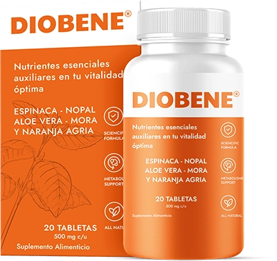 Frasco y caja de Diobene Guatemala suplemento alimenticio con fórmula natural