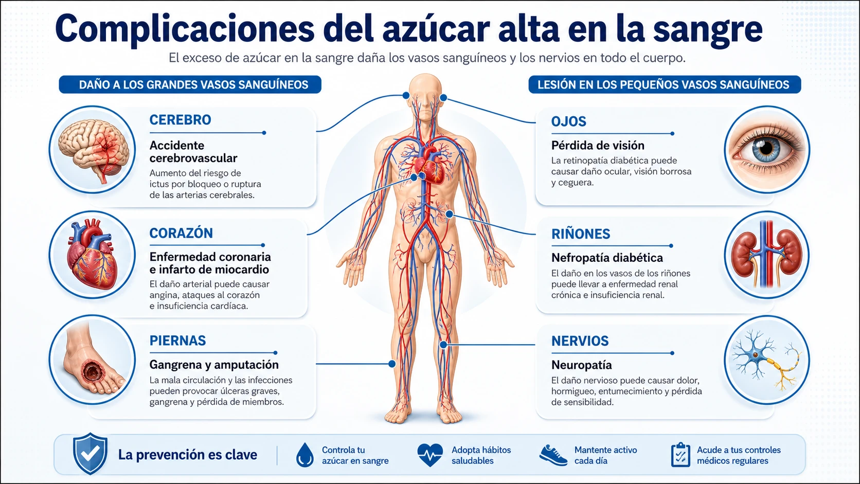 Infografía móvil sobre niveles altos de azúcar en la sangre y posibles complicaciones, contexto educativo para Diobene Guatemala